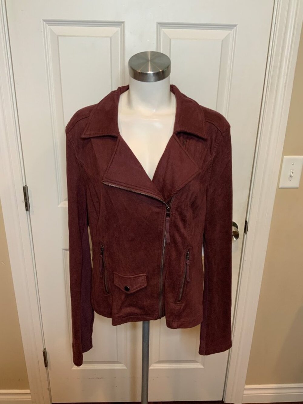 Marrakech Burgundy Faux Suede Asymmetrical Zipper Moto Jacket, Size L